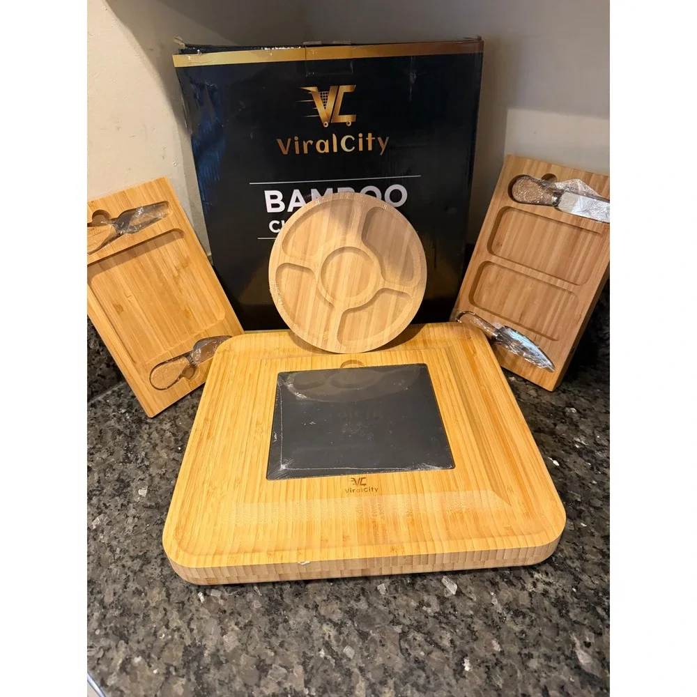 ViralCity Bamboo Cheese Board Set with Slate Insert and Slide Out Drawers New